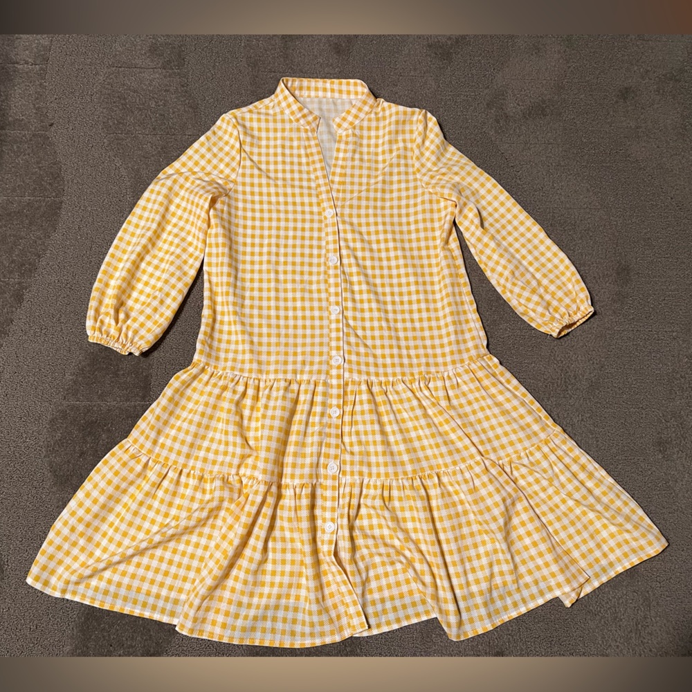 *6 for $10!* Yellow & White Gingham 3/4 Sleeve Dress Tiered Button Down Country